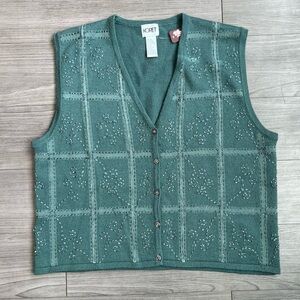 Vintage 90s Koret Wool Blend Teal Embroidered & Beaded Sweater Vest Size L